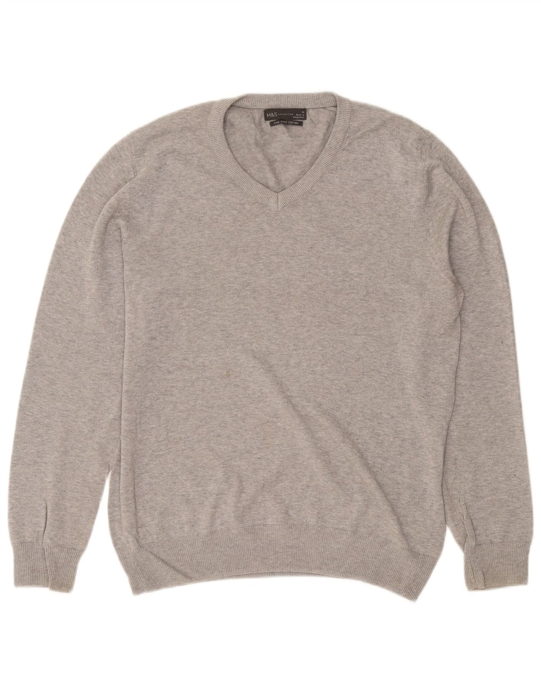 Suéter masculino Marks & Spencer com decote em V, algodão manchado cinza médio