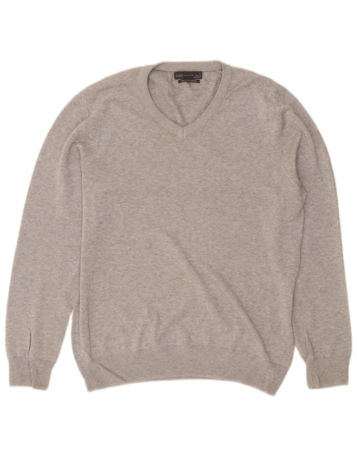 Suéter masculino Marks & Spencer com decote em V, algodão manchado cinza médio