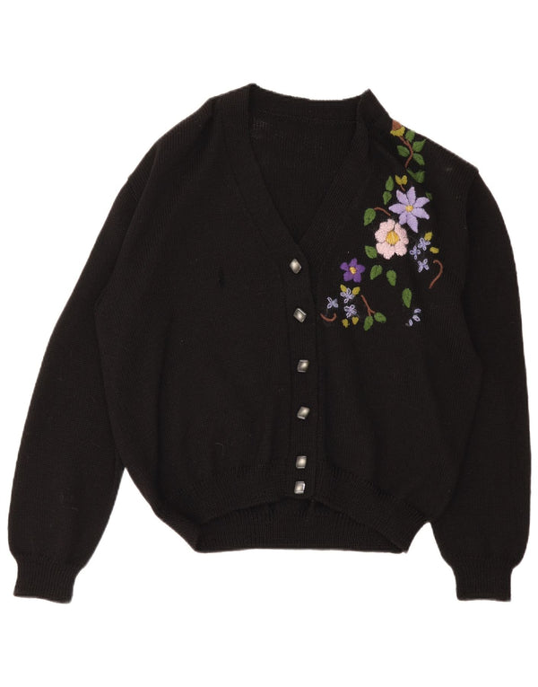 Suéter cardigã feminino vintage Reino Unido 16 grande preto floral