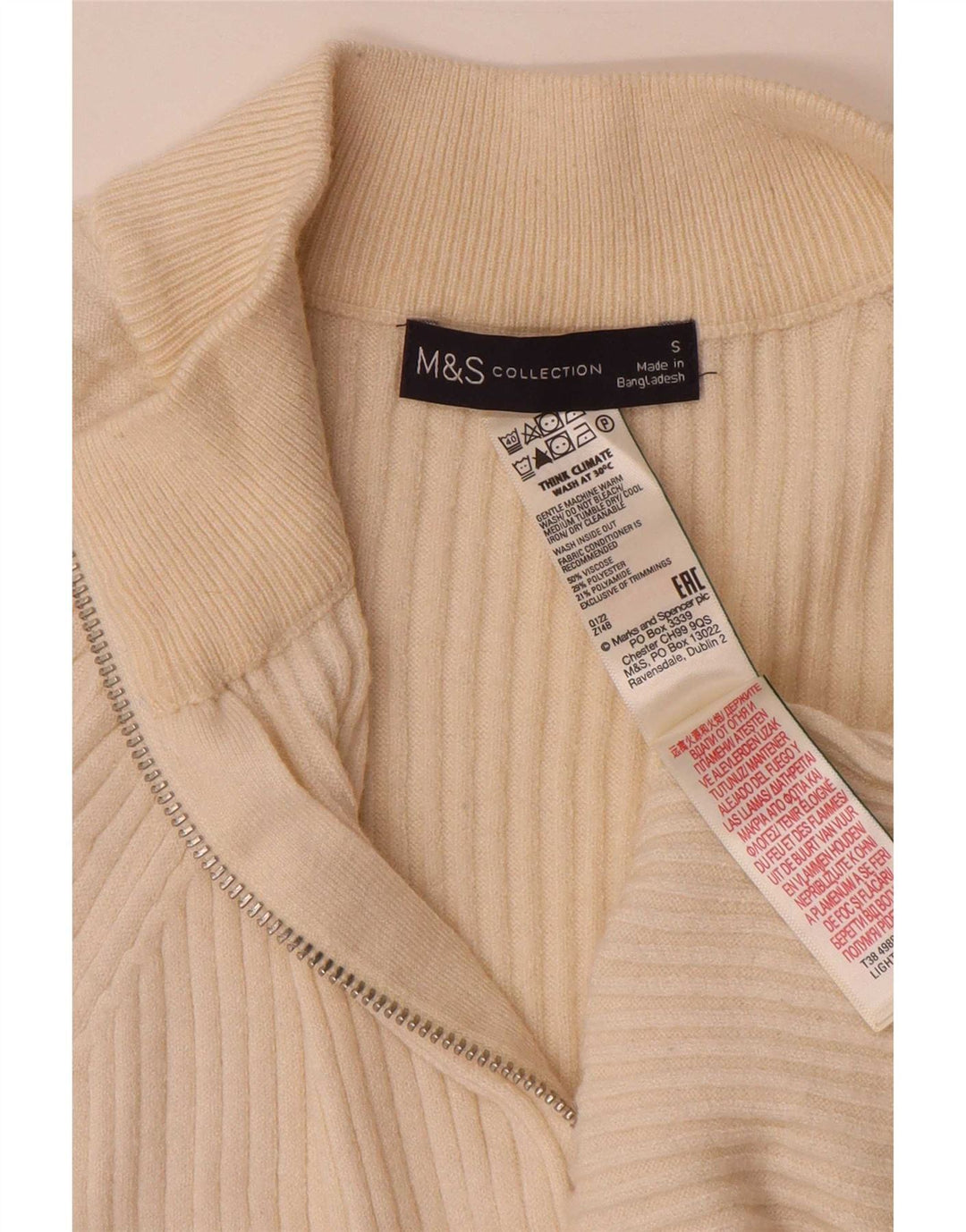 Suéter feminino Marks & Spencer com zíper e gola grande Reino Unido 10 pequeno bege