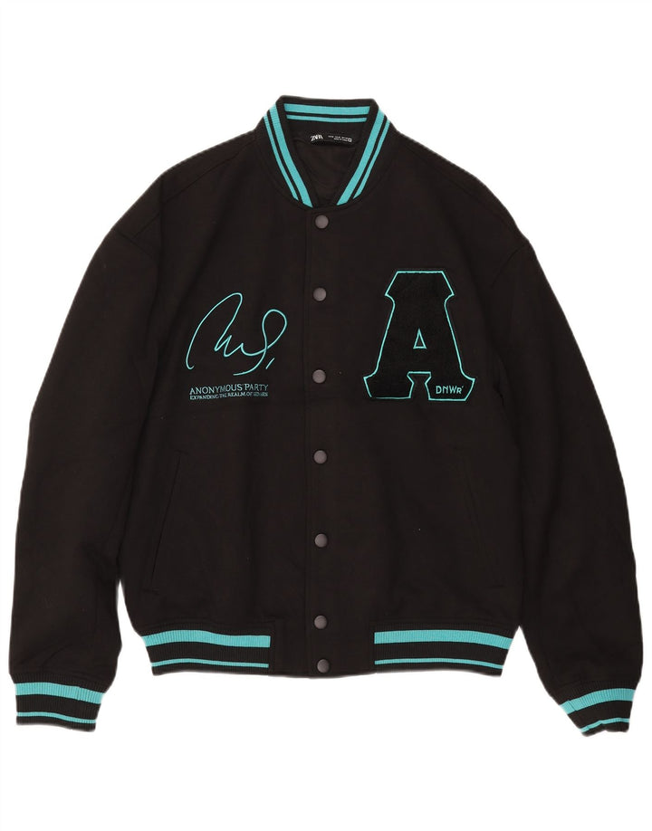 Jaqueta masculina Zara Graphic Varsity UK 38 poliéster preto médio