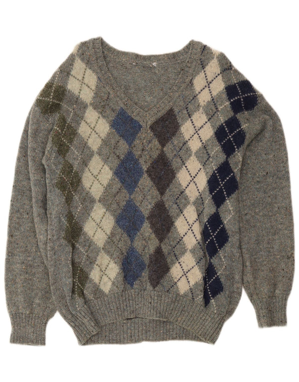 Suéter vintage masculino com decote em V cinza médio Argyle/lã virgem diamante