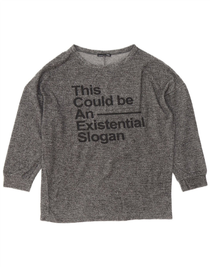 Zara Top gráfico feminino oversized manga comprida Reino Unido 8 pequeno cinza manchado