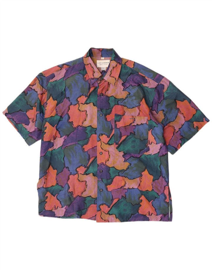 Vintage masculino abstrato Padrão manga curta camisa grande seda multicolorida