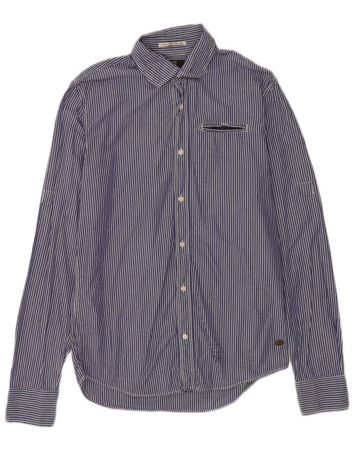 Camisa masculina Scotch & Soda pequena listrada azul de algodão