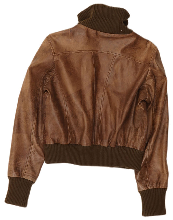 Jaqueta feminina de couro Oasis UK 16 grande bloco colorido marrom