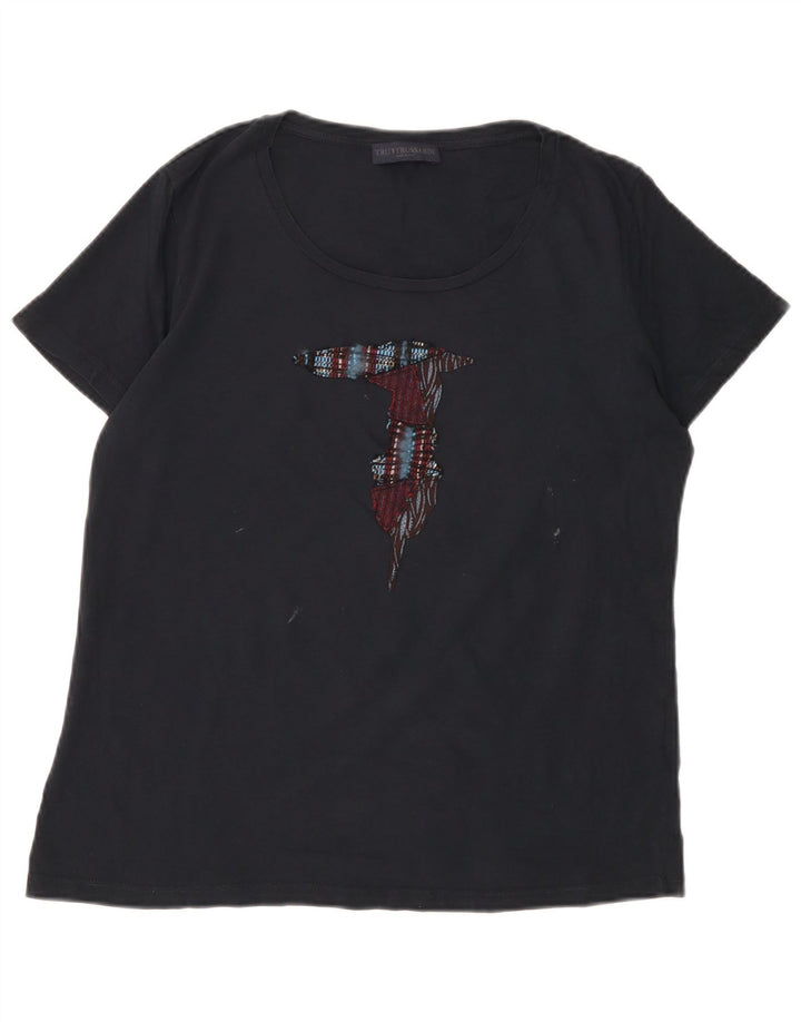 Camiseta feminina TRUSSARDI com estampa gráfica UK 16 grande algodão preto