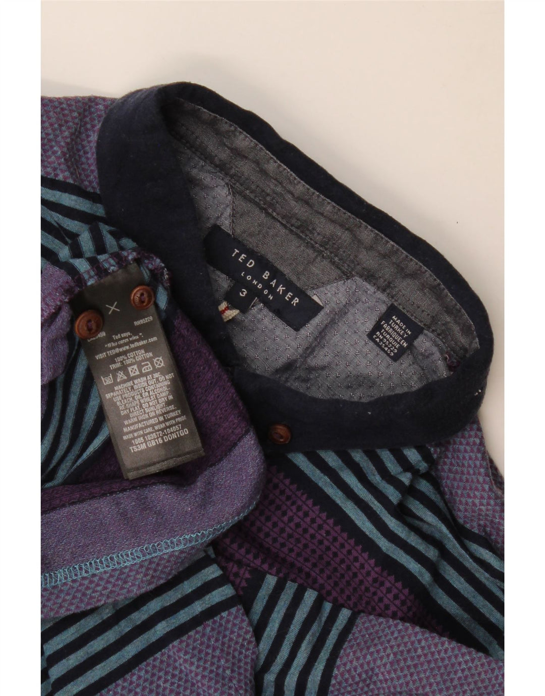 Camisa polo masculina Ted Baker tamanho 3 algodão listrado roxo médio
