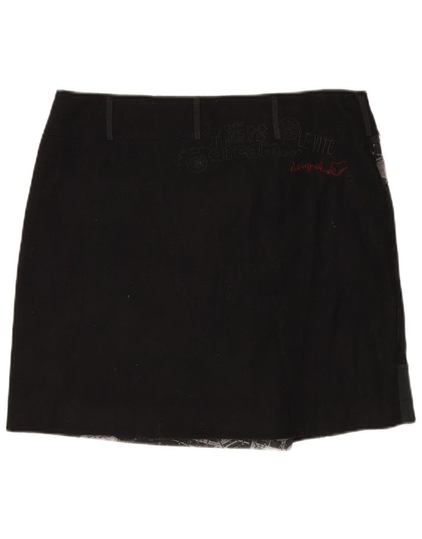 Mini saia feminina Desigual Wrap EU 44 XL W35 preta patchwork lã