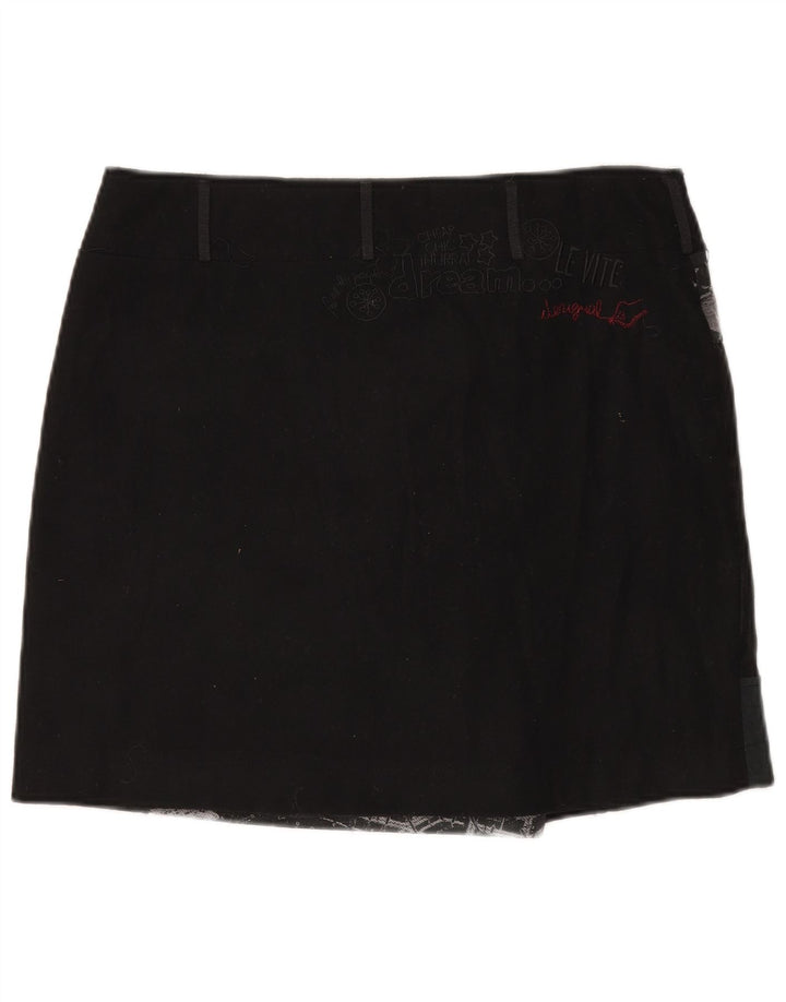 Mini saia feminina Desigual Wrap EU 44 XL W35 preta patchwork lã