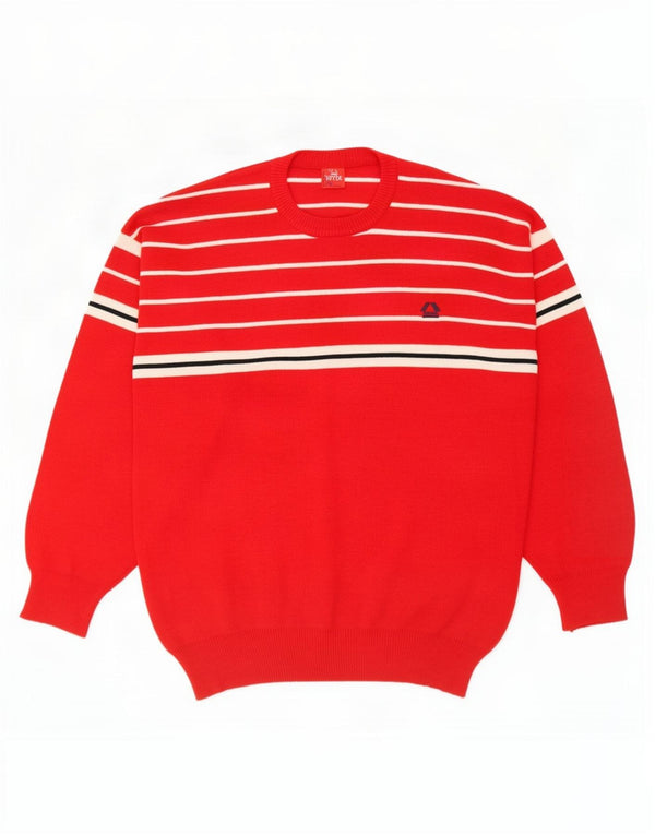 Suéter vintage masculino com gola redonda, lã listrada vermelha média