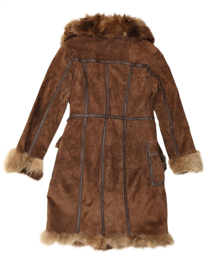 Sobretudo feminino de camurça Rene Derhy Reino Unido 14 couro marrom médio