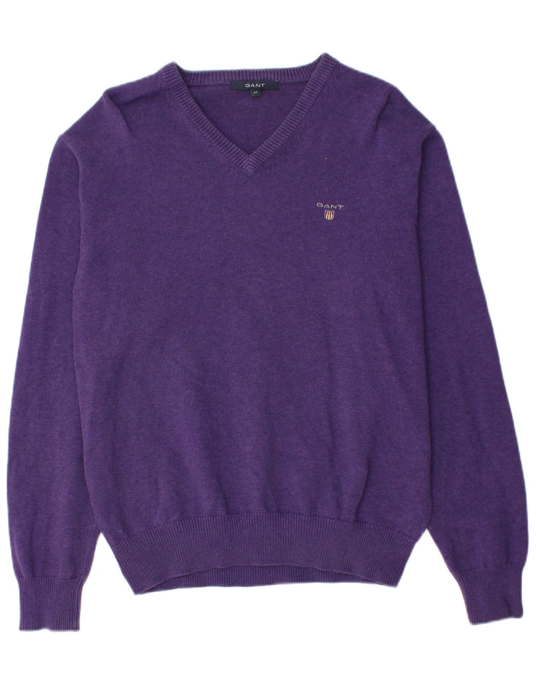 Suéter masculino GANT com decote em V de algodão roxo médio