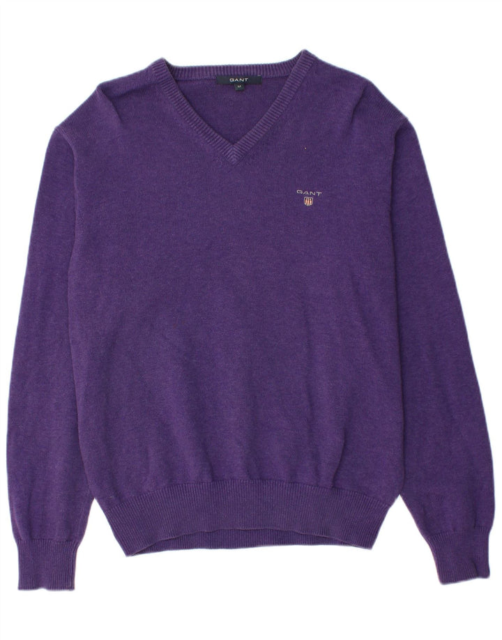 Suéter masculino GANT com decote em V de algodão roxo médio