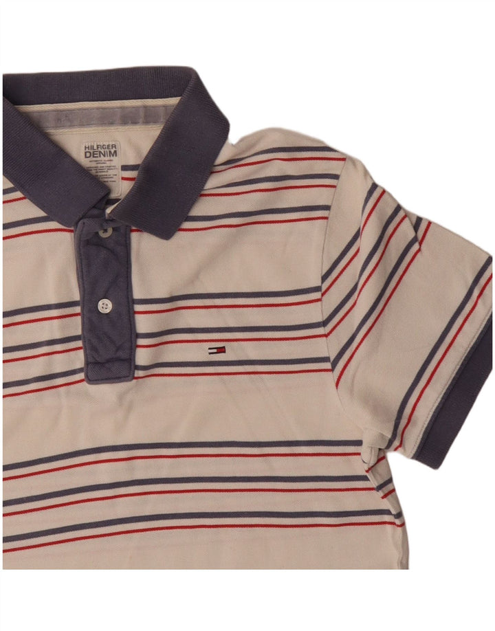 Camisa polo masculina Tommy Hilfiger pequena listrada branca de algodão
