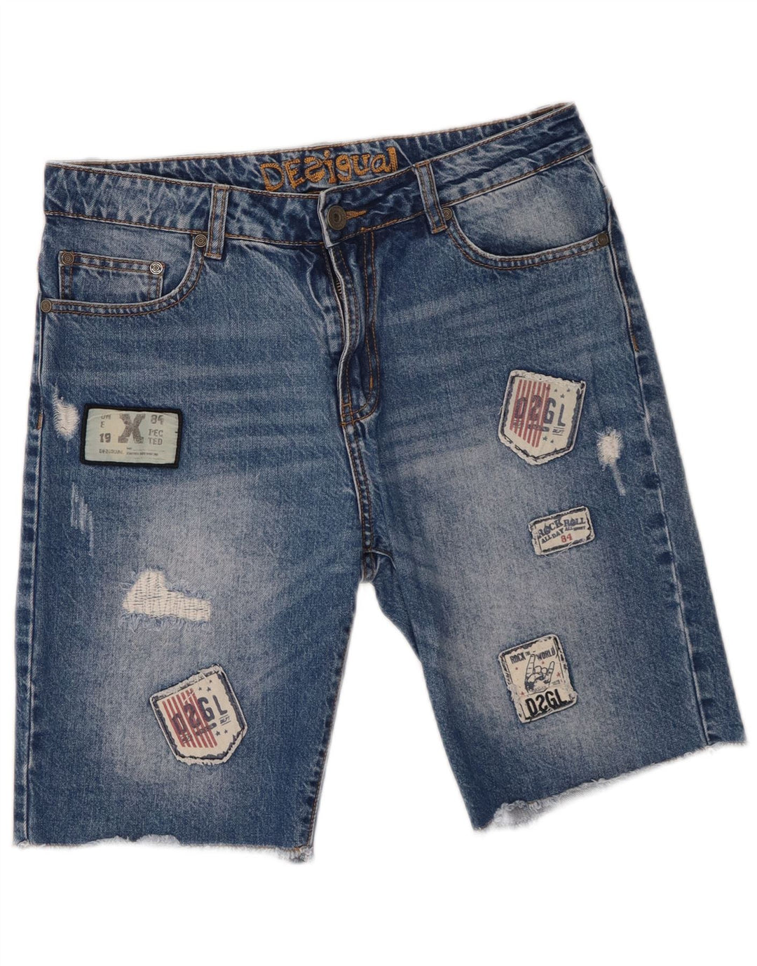 Shorts jeans masculino Desigual desgastado W30 algodão patchwork azul médio