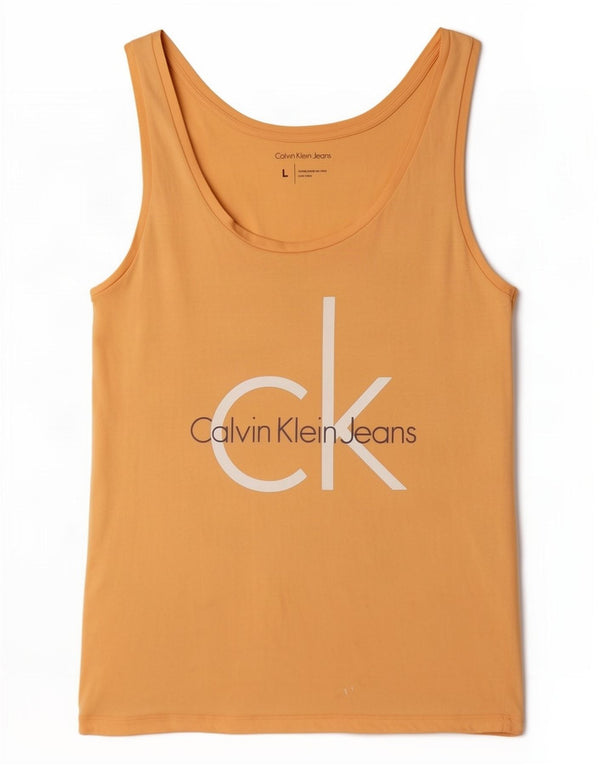 Calvin Klein Jeans feminino colete gráfico top UK 14 grande algodão amarelo
