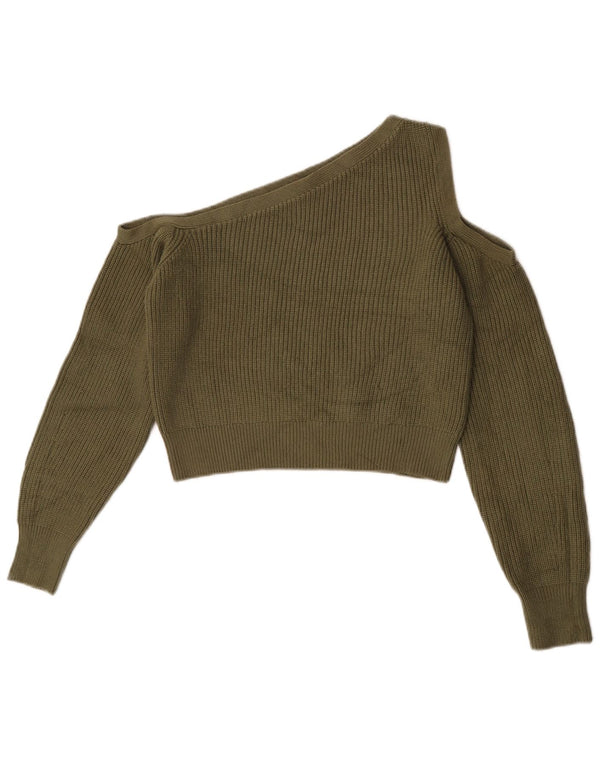 Zara Suéter feminino cropped com um ombro e gola canoa Reino Unido 12 médio cáqui