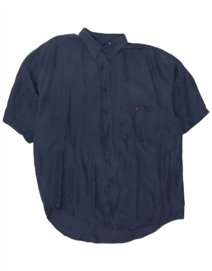 Camisa masculina vintage de manga curta XL azul marinho seda