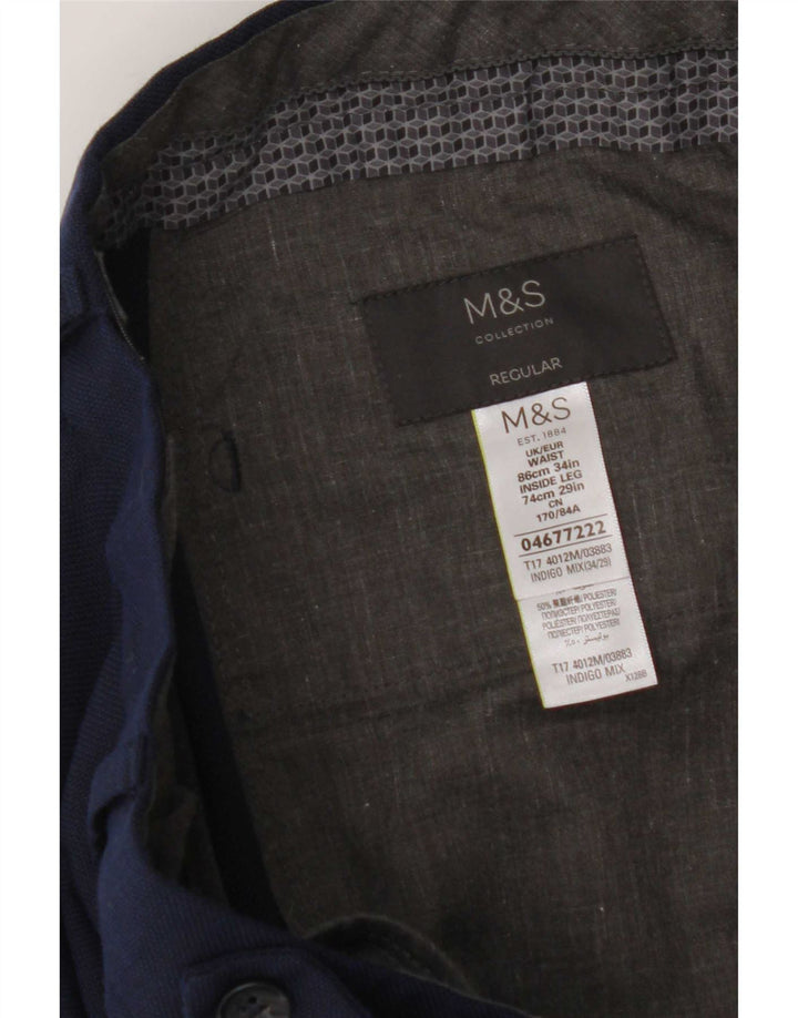 Calça masculina de terno reto Marks & Spencer W34 L29 lã azul marinho