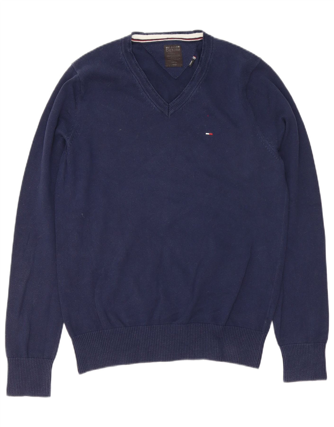 Tommy Hilfiger Suéter masculino com decote em V médio algodão azul marinho