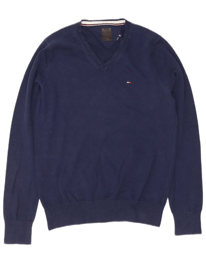 Tommy Hilfiger Suéter masculino com decote em V médio algodão azul marinho