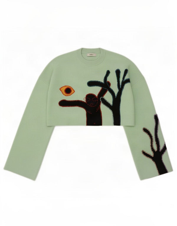 Zara Suéter feminino cropped com gola redonda e gola redonda Reino Unido 14 verde médio