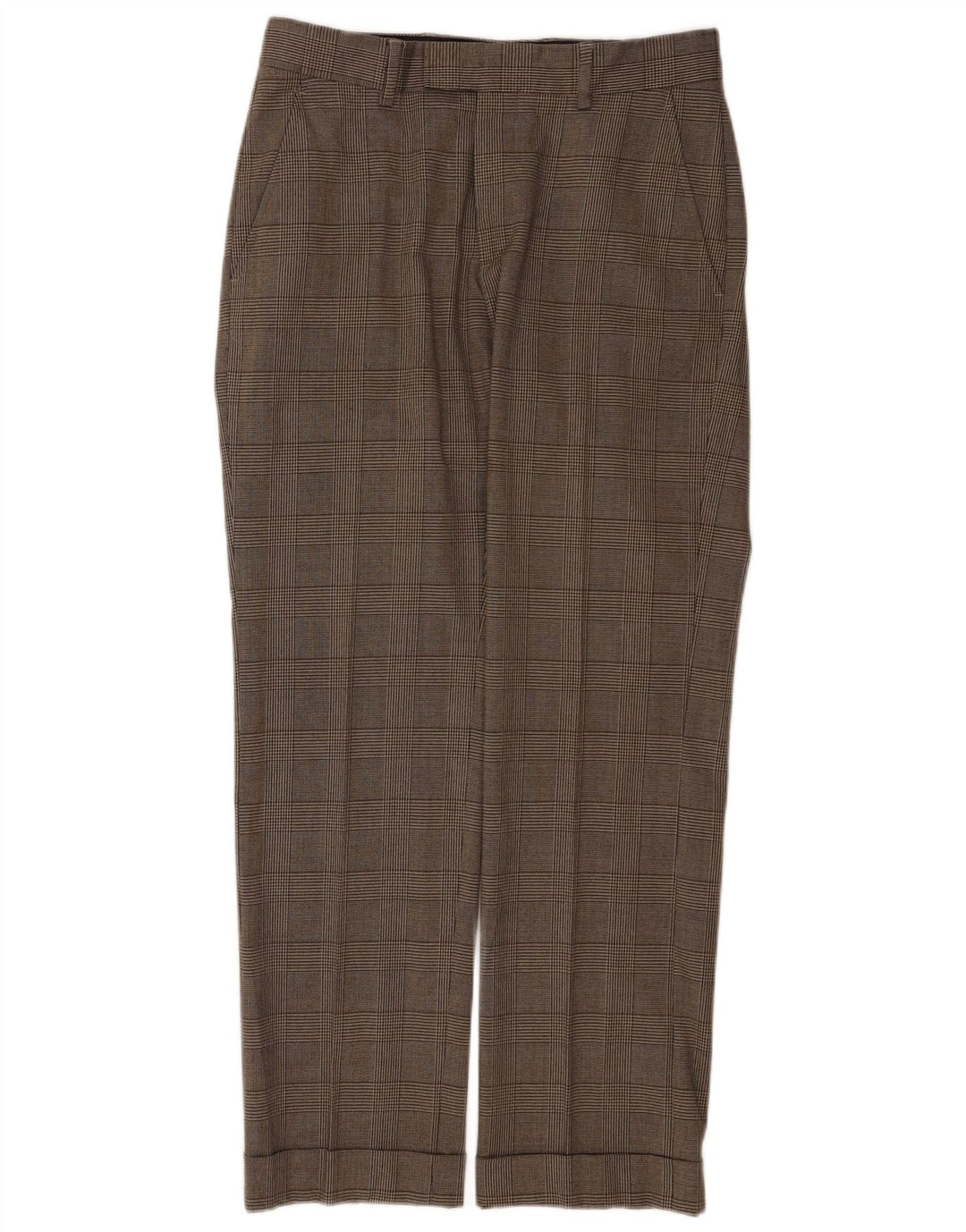 Calça masculina Zara Straight Suit EU 40 Médio W31 L31 Marrom Xadrez Lã