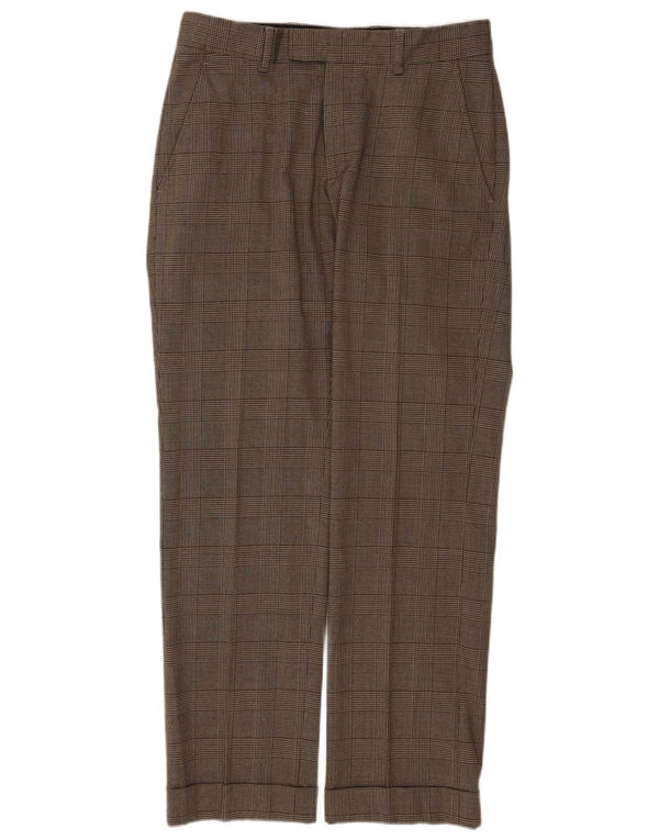 Calça masculina Zara Straight Suit EU 40 Médio W31 L31 Marrom Xadrez Lã