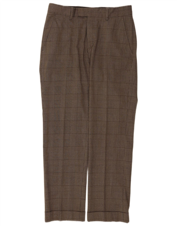 Calça masculina Zara Straight Suit EU 40 Médio W31 L31 Marrom Xadrez Lã