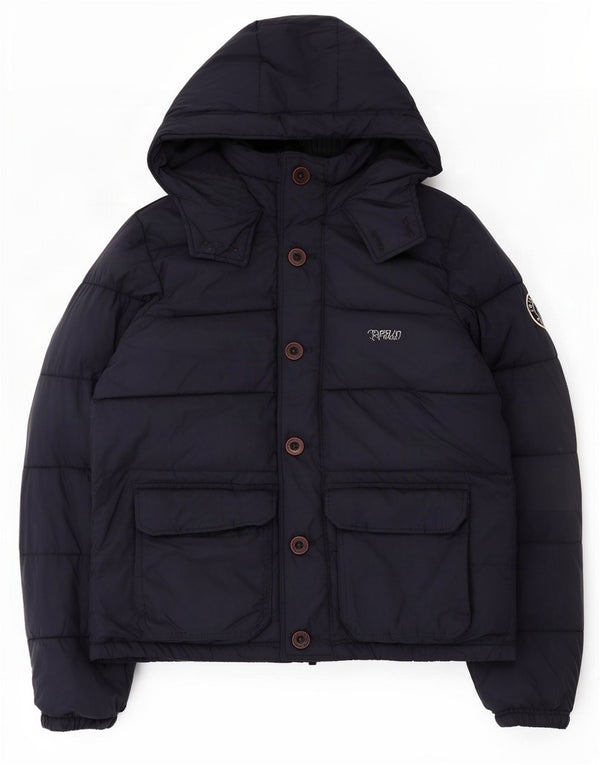 Jaqueta masculina acolchoada com capuz Abercrombie & Fitch UK 42 XL azul marinho poliéster