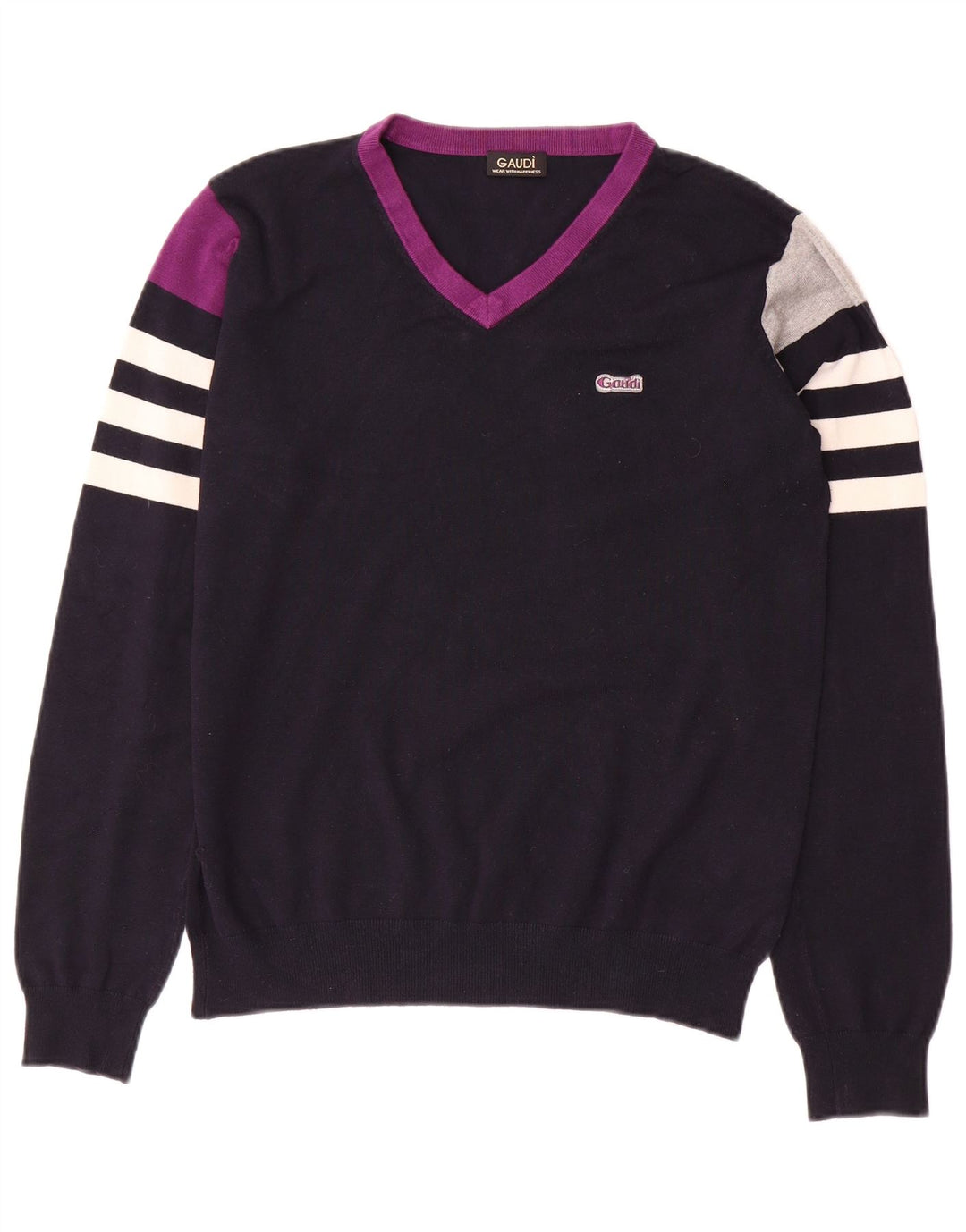 Suéter feminino GAUDI com decote em V Reino Unido 14 bloco colorido azul marinho médio