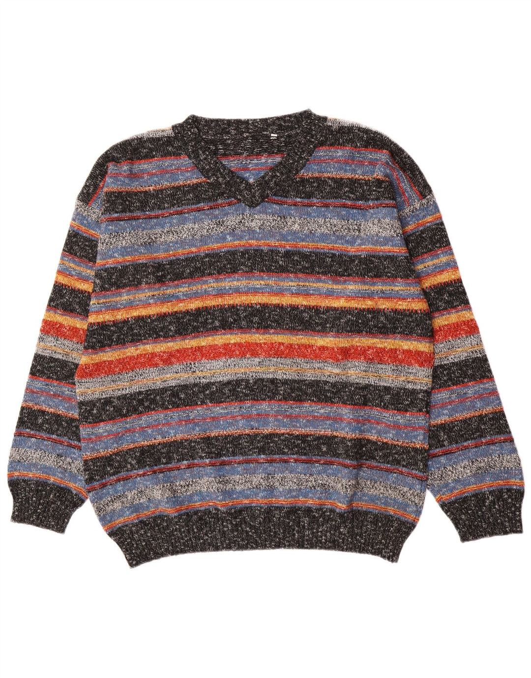 Suéter vintage masculino com decote em V grande acrílico listrado multicolorido