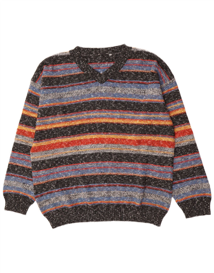 Suéter vintage masculino com decote em V grande acrílico listrado multicolorido