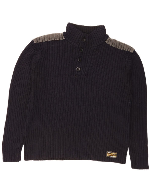 Suéter masculino Pierre Cardin com gola redonda e pequeno bloco colorido azul marinho