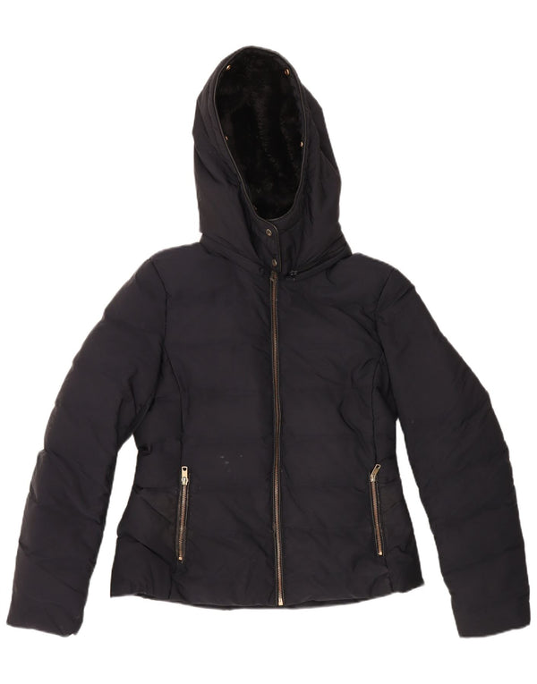 Zara Jaqueta feminina com capuz Sherpa acolchoada Reino Unido 16 grande poliéster azul marinho