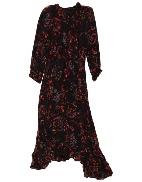 Vestido maxi feminino assimétrico de manga comprida Monsoon Reino Unido 14 médio preto paisley