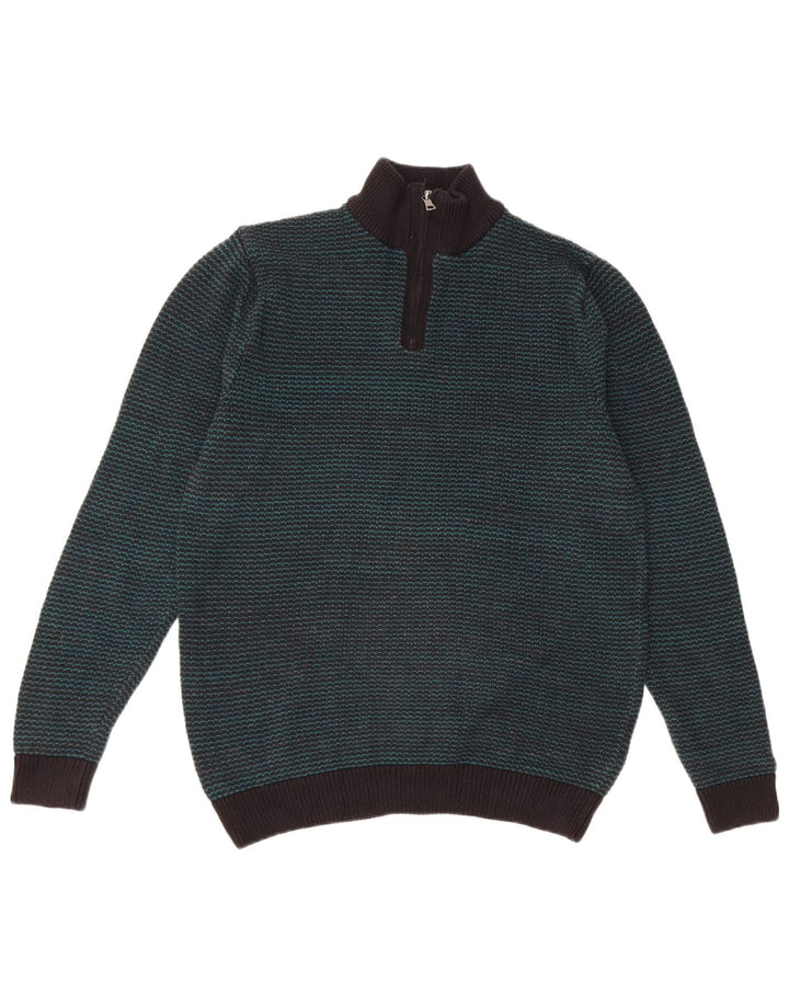 Suéter masculino Marks & Spencer com zíper e gola em algodão listrado verde médio