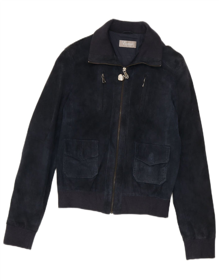 Jaqueta bomber feminina vintage de camurça Reino Unido 12 couro azul marinho médio