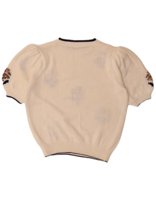 Suéter feminino vintage de manga curta com gola redonda UK 20 2XL branco floral