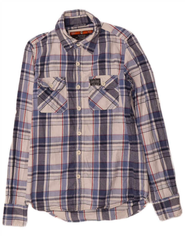 Camisa masculina de flanela Superdry pequena azul xadrez algodão