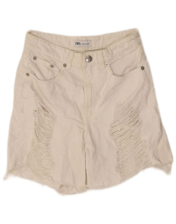 Zara Shorts jeans feminino desgastado UE 36 XS W26 algodão branco