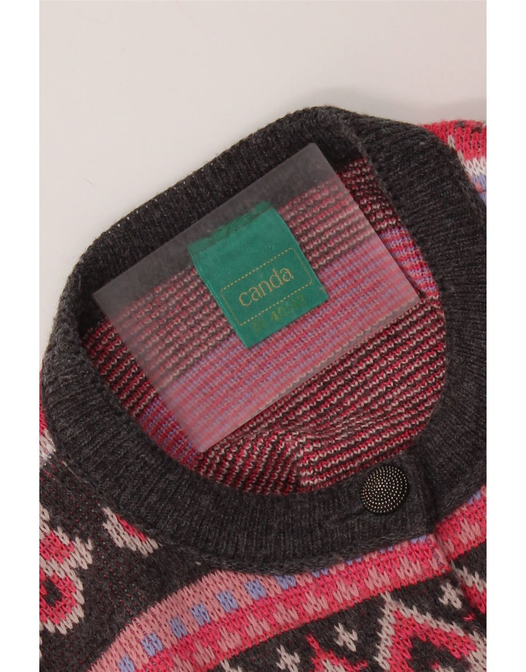 Suéter cardigã feminino grande CANDA Reino Unido 14 médio rosa Fair Isle