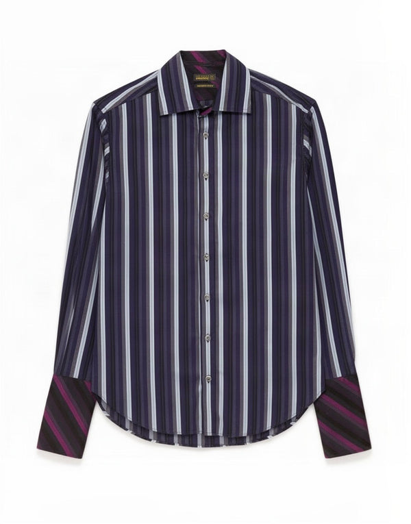 Camisa formal masculina Ted Baker tamanho 38 15 algodão listrado azul marinho médio