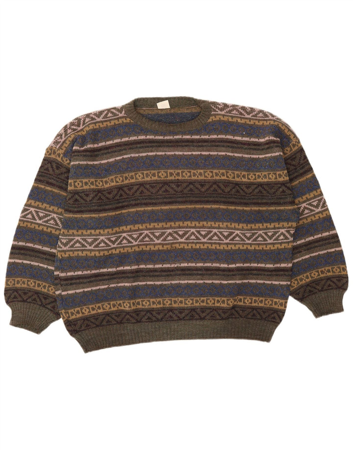 Suéter vintage masculino com gola redonda, médio multicolorido Fair Isle