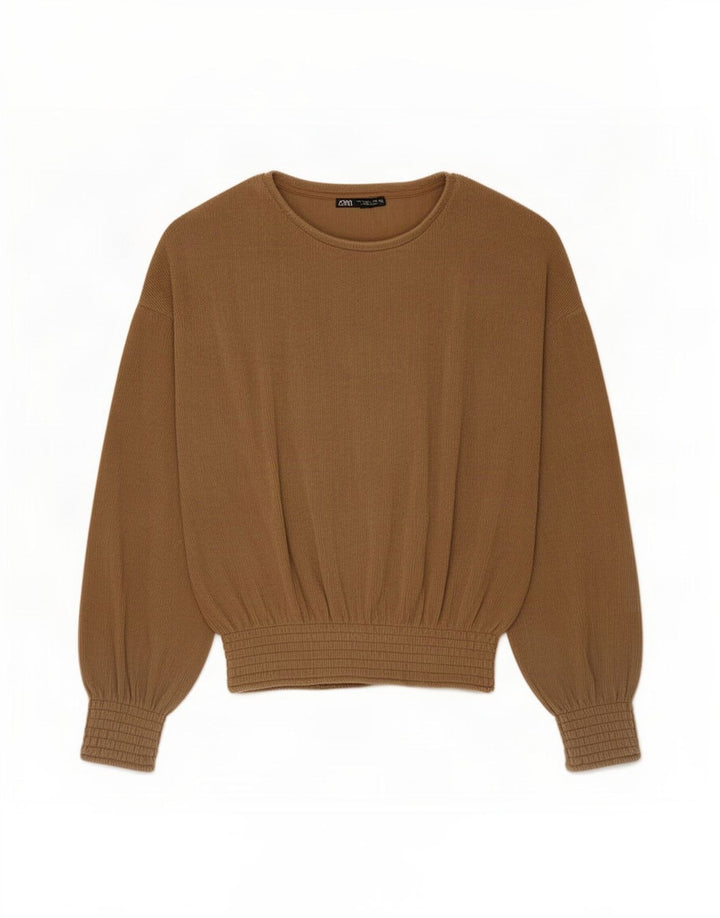 Zara Womens Oversized Top Manga Longa UK 10 Pequeno Poliéster Marrom