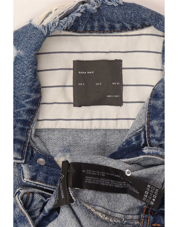 Zara Mens Distressed Denim Gilet UK 36 Pequeno Azul Algodão