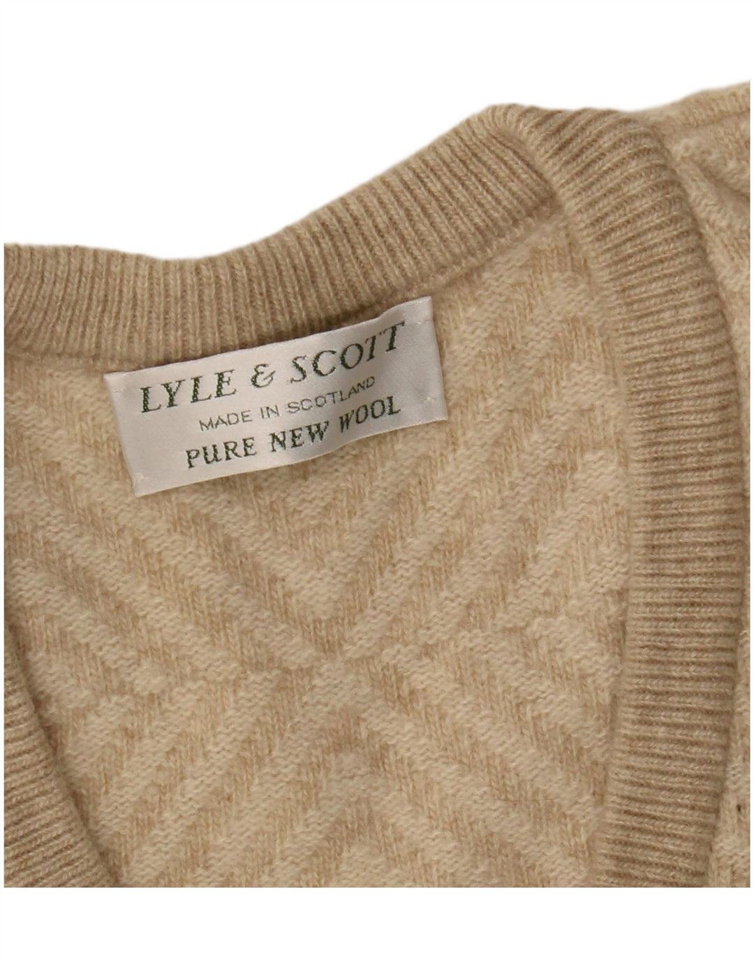 Suéter masculino Lyle & Scott com decote em V XL de lã geométrica bege