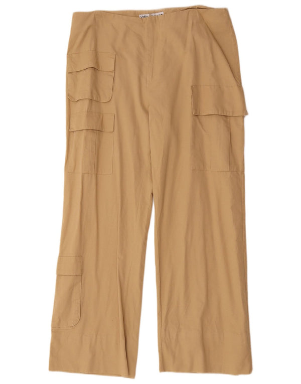 Calça cargo feminina Zara cintura alta perna larga grande W30 L28 algodão bege