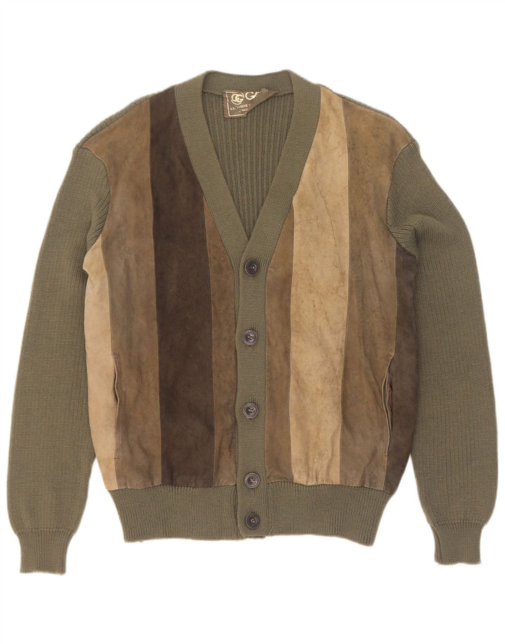 Suéter cardigã masculino vintage de camurça IT 50 lã colorblock cáqui médio